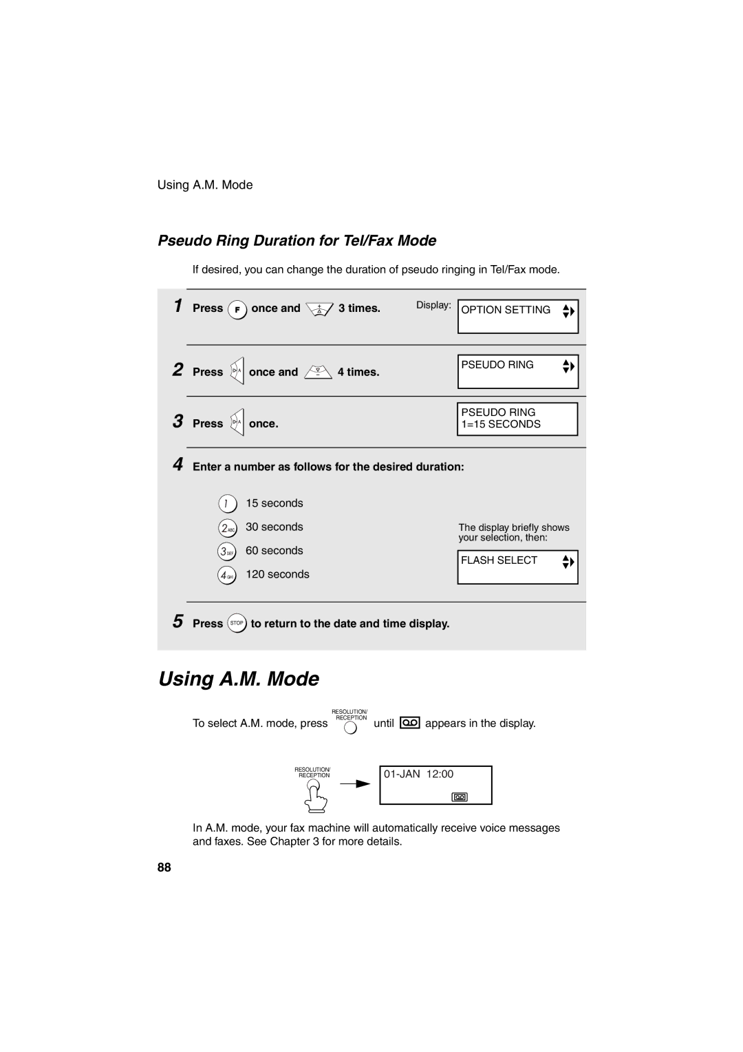 Sharp UX-BS60 operation manual Using A.M. Mode, Pseudo Ring Duration for Tel/Fax Mode, Press once and 4 times 