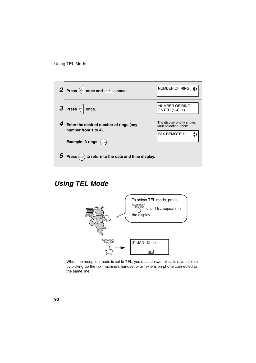 Sharp UX-BS60 operation manual Using TEL Mode, Example 3 rings Press to return to the date and time display 