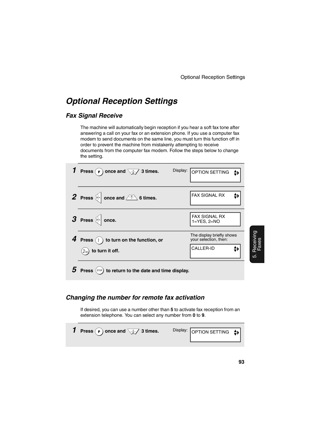 Sharp UX-BS60 Optional Reception Settings, Fax Signal Receive, Changing the number for remote fax activation 