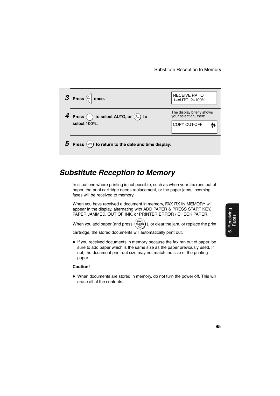 Sharp UX-BS60 Substitute Reception to Memory, To select AUTO, or, Select 100%, When you add paper and press 