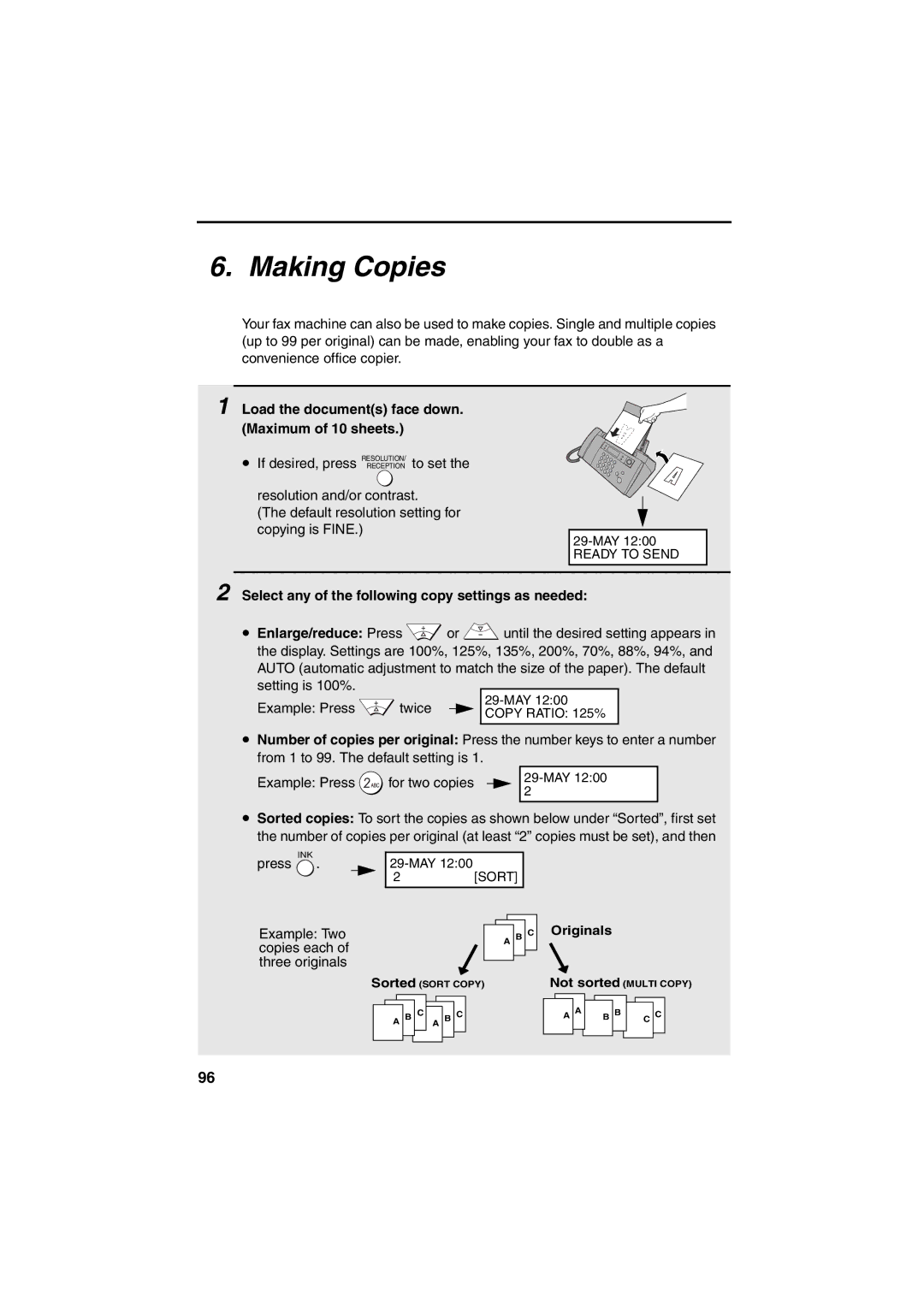 Sharp UX-BS60 Making Copies, Load the documents face down. Maximum of 10 sheets, Example Two Copies each Three originals 