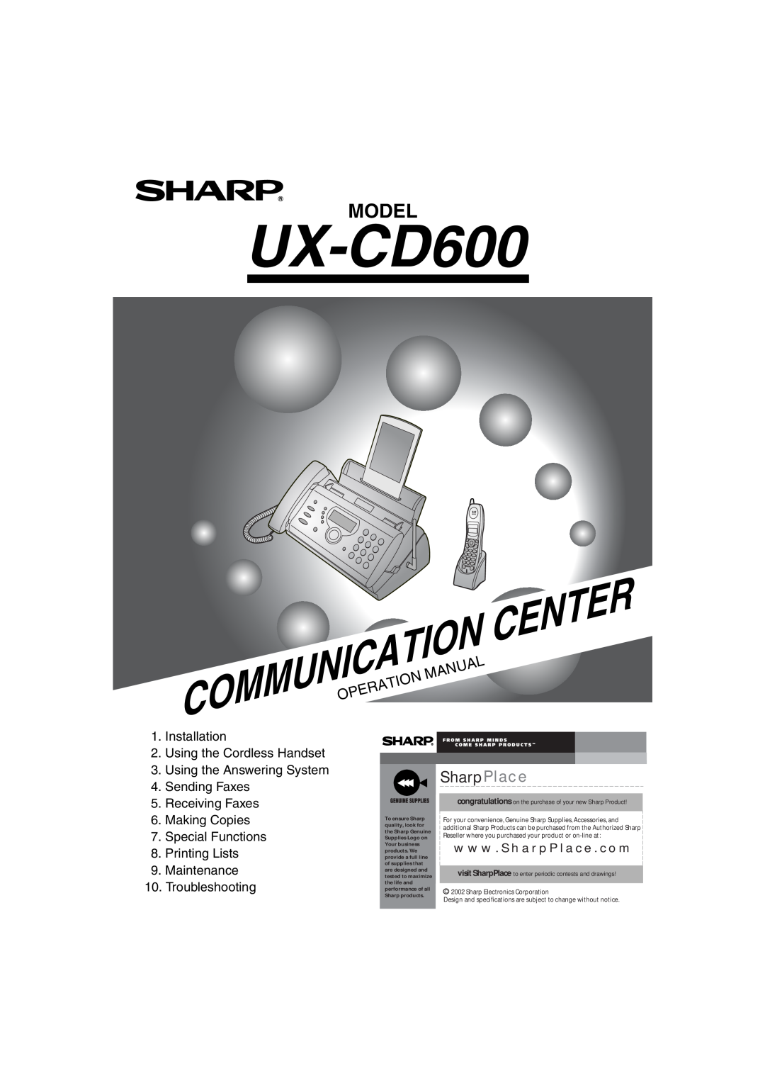 Sharp UX-CD600 operation manual Center, Model, SharpPlace, Communicationoperation Manual 