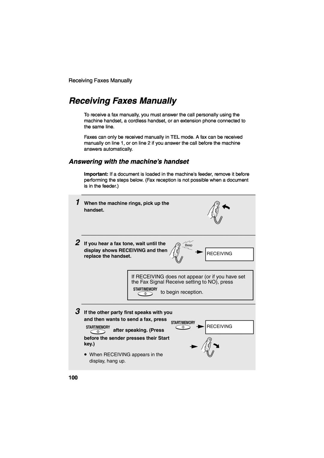 Sharp UX-CD600 operation manual Receiving Faxes Manually, Answering with the machine’s handset 