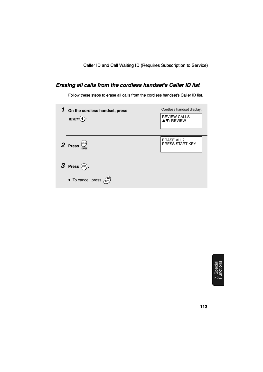 Sharp UX-CD600 Erasing all calls from the cordless handset’s Caller ID list, Special Functions, Cordless handset display 
