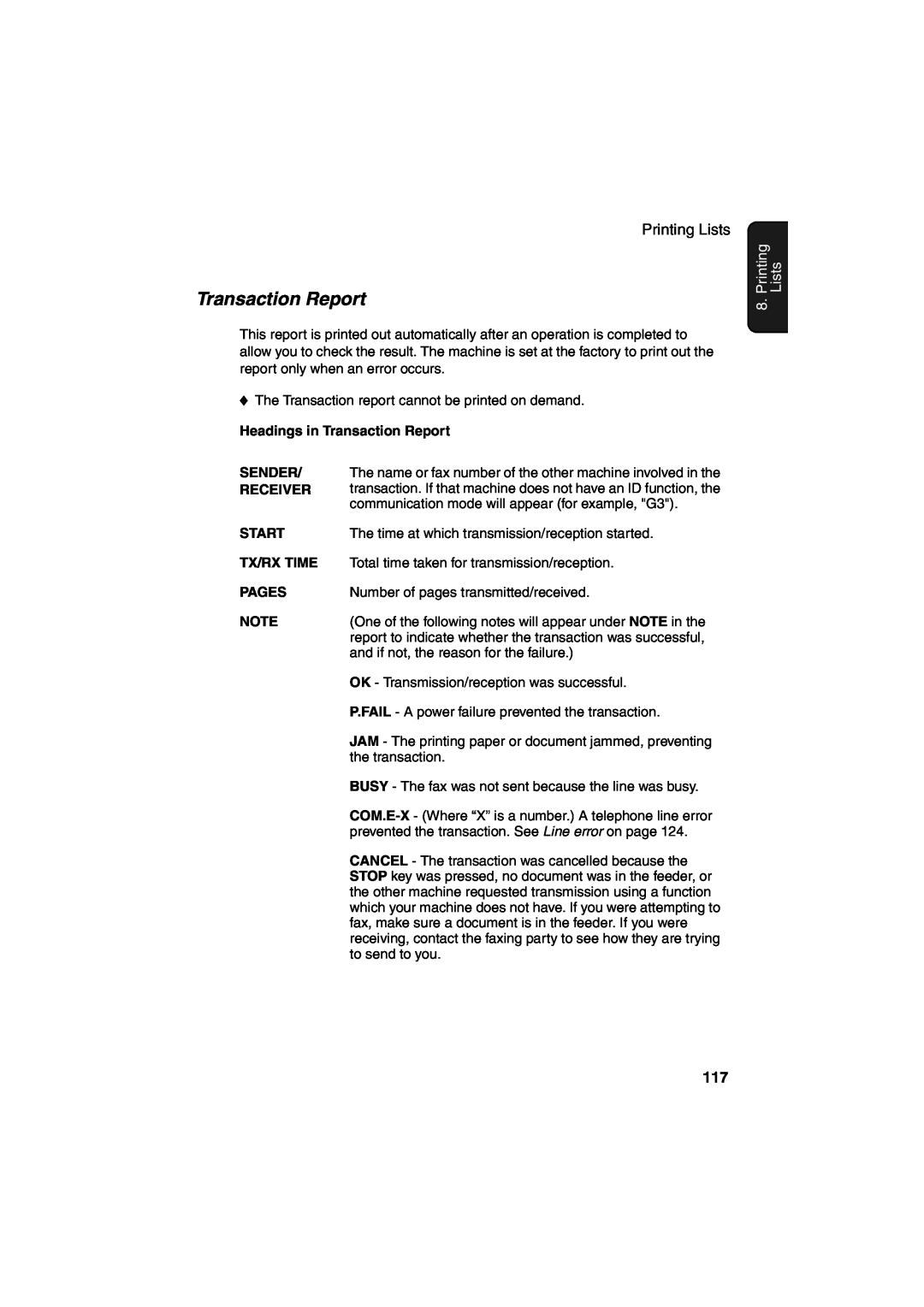 Sharp UX-CD600 Printing, Lists, Headings in Transaction Report, Sender, Receiver, Start, Tx/Rx Time, Pages 