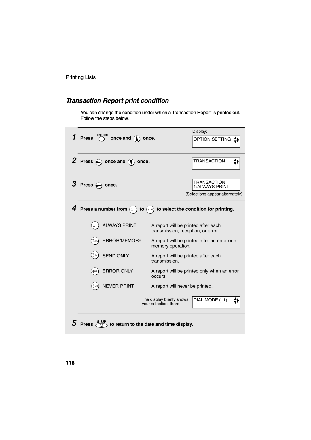 Sharp UX-CD600 operation manual Transaction Report print condition, Selections appear alternately, DIAL MODE L1 