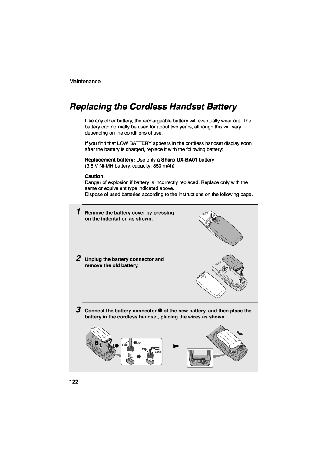 Sharp UX-CD600 operation manual Replacing the Cordless Handset Battery 
