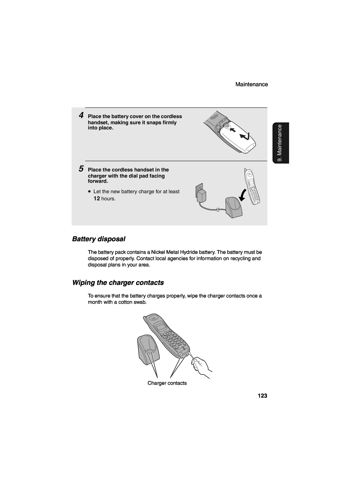Sharp UX-CD600 operation manual Battery disposal, Wiping the charger contacts, Maintenance 