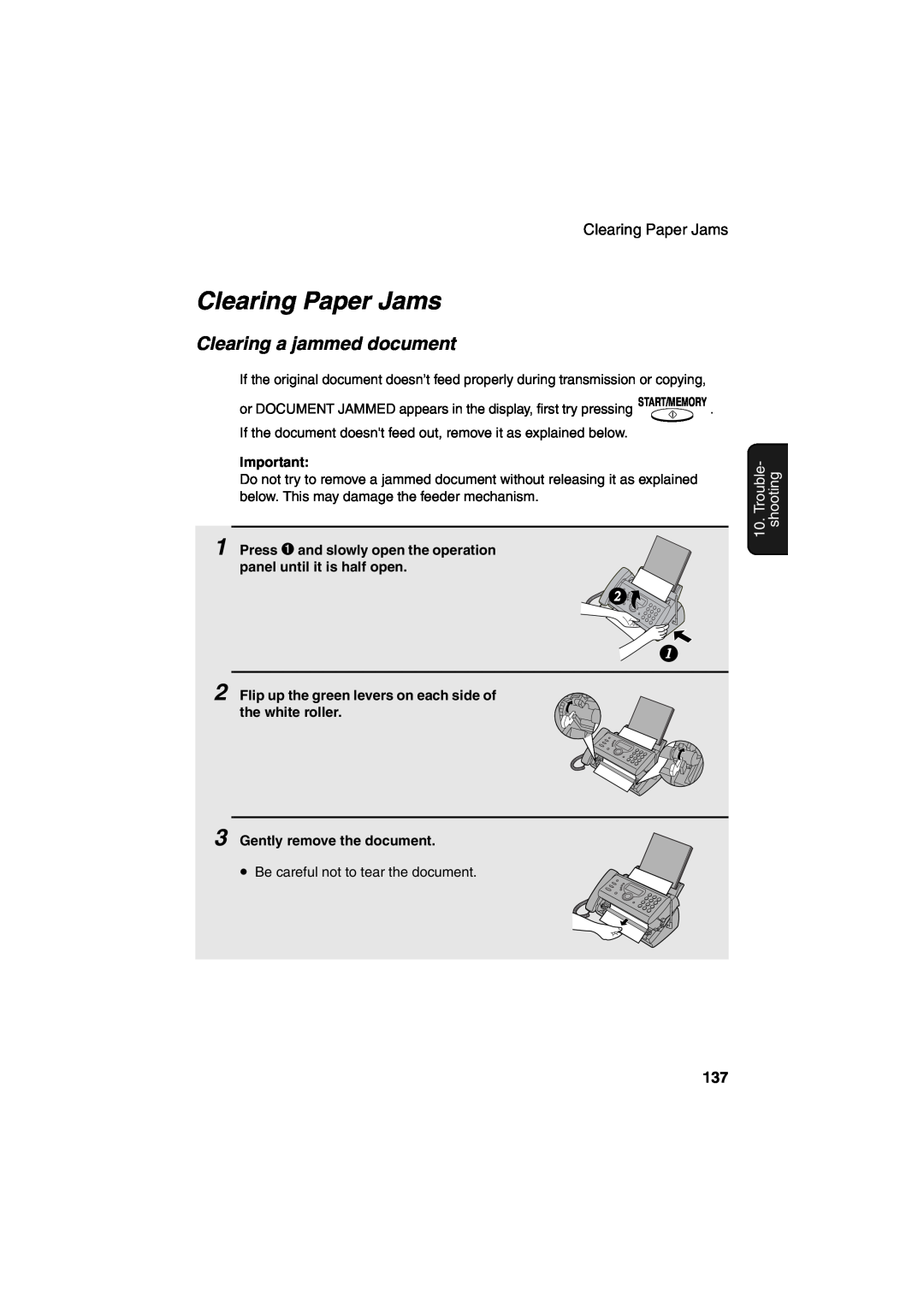 Sharp UX-CD600 operation manual Clearing Paper Jams, Clearing a jammed document, Trouble- shooting 