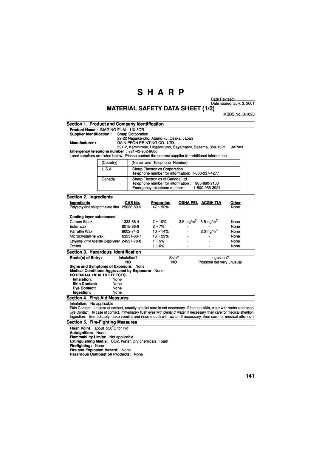 Sharp UX-CD600 operation manual S H A R P, MATERIAL SAFETY DATA SHEET 1/2 
