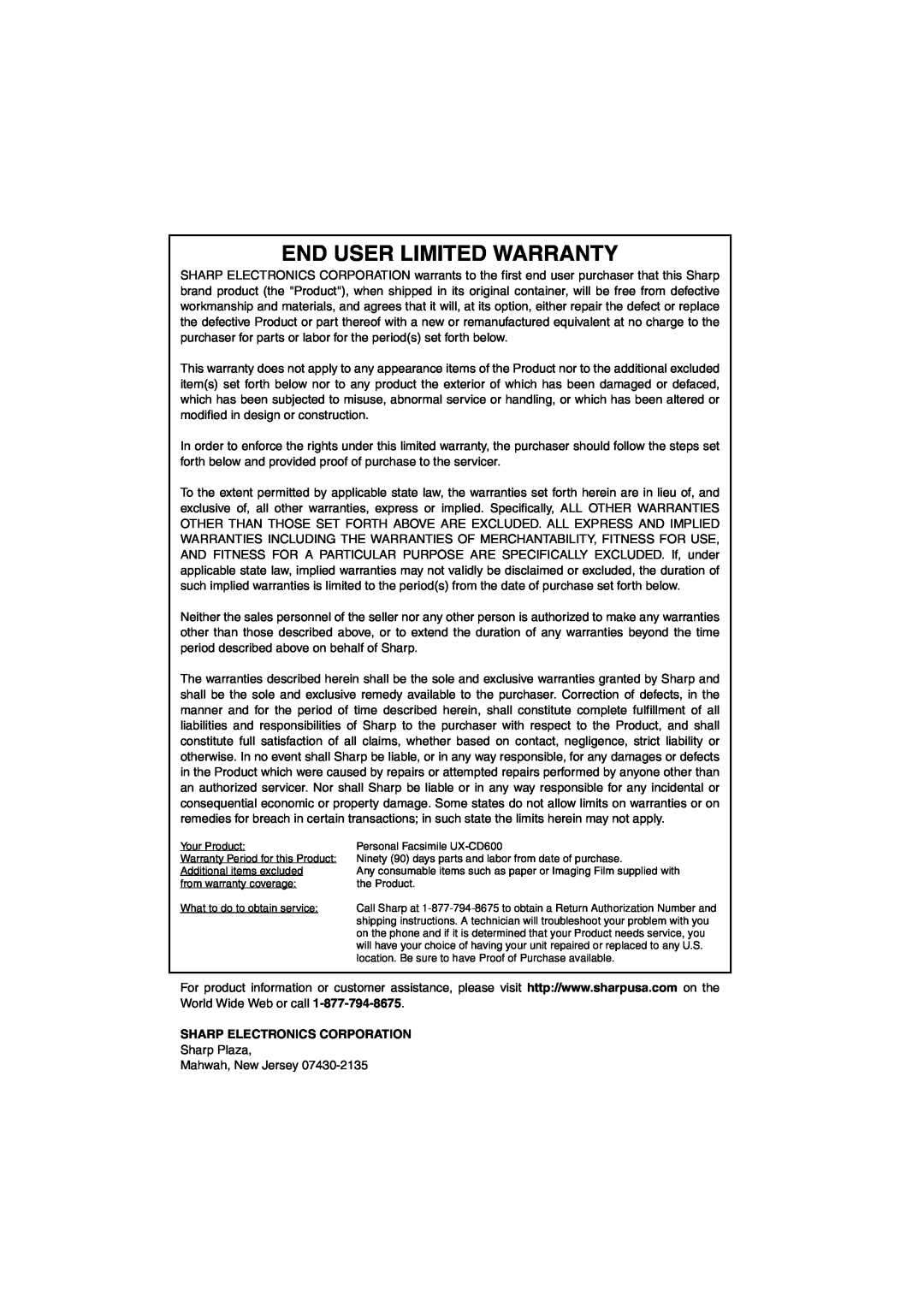 Sharp UX-CD600 operation manual End User Limited Warranty, Sharp Electronics Corporation 