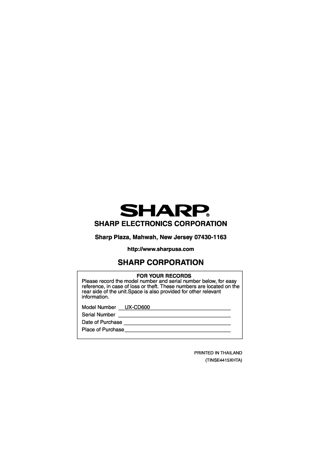 Sharp UX-CD600 operation manual Sharp Corporation, Sharp Electronics Corporation, Sharp Plaza, Mahwah, New Jersey 