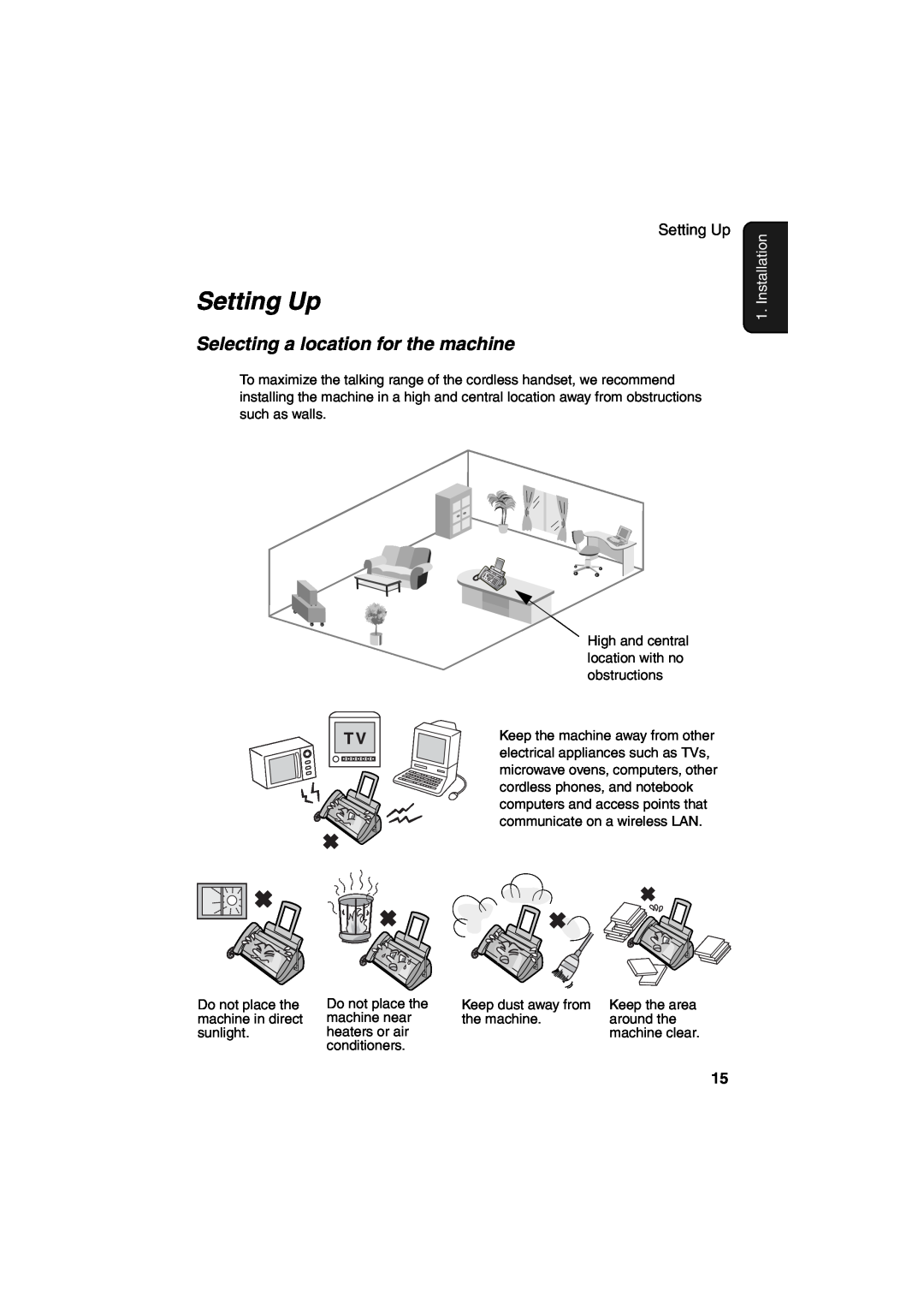 Sharp UX-CD600 operation manual Setting Up, Selecting a location for the machine, Installation 