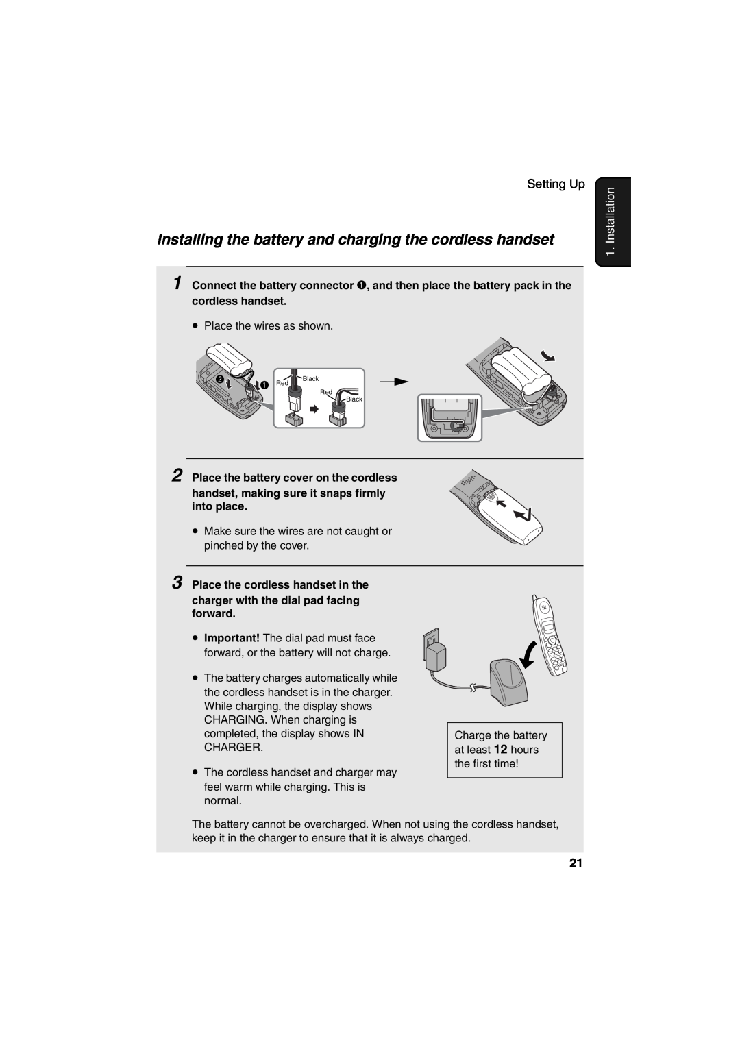 Sharp UX-CD600 Installing the battery and charging the cordless handset, Installation, Place the cordless handset in the 