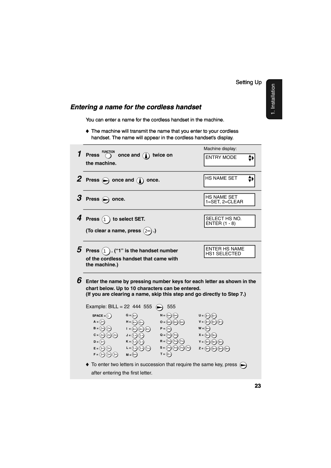 Sharp UX-CD600 operation manual Entering a name for the cordless handset, Installation 