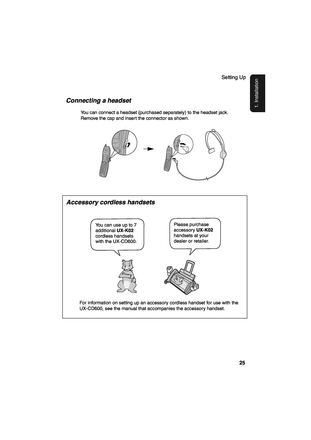 Sharp UX-CD600 operation manual Connecting a headset, Accessory cordless handsets, Installation 