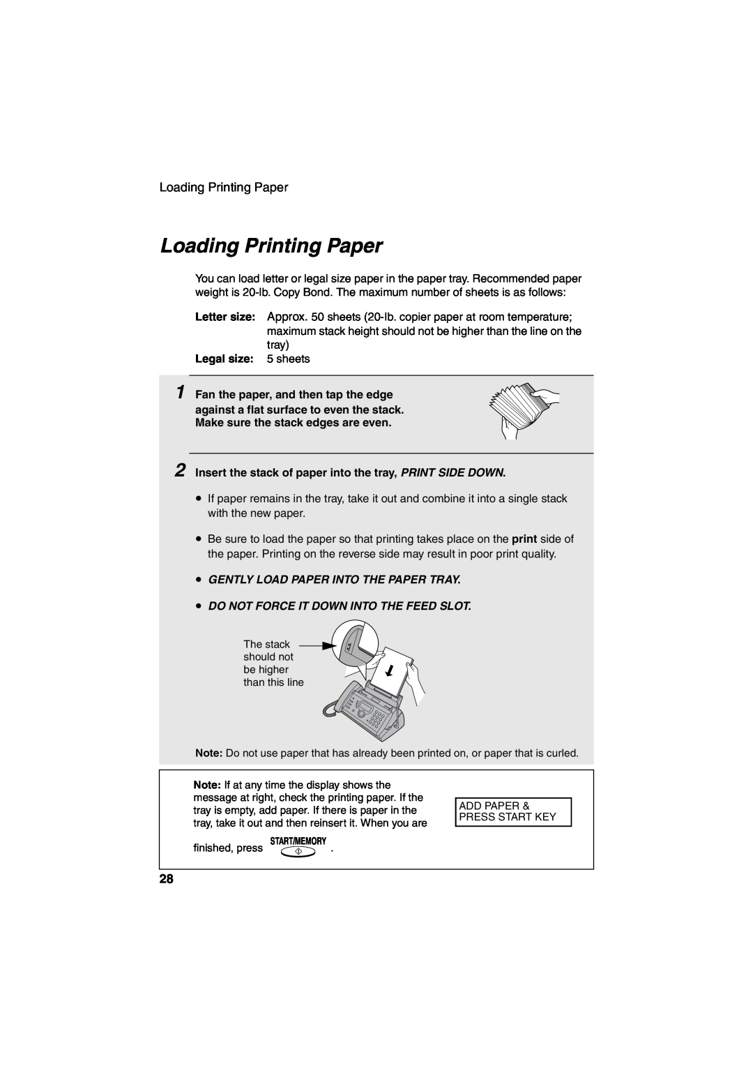 Sharp UX-CD600 Loading Printing Paper, Gently Load Paper Into The Paper Tray, Do Not Force It Down Into The Feed Slot 