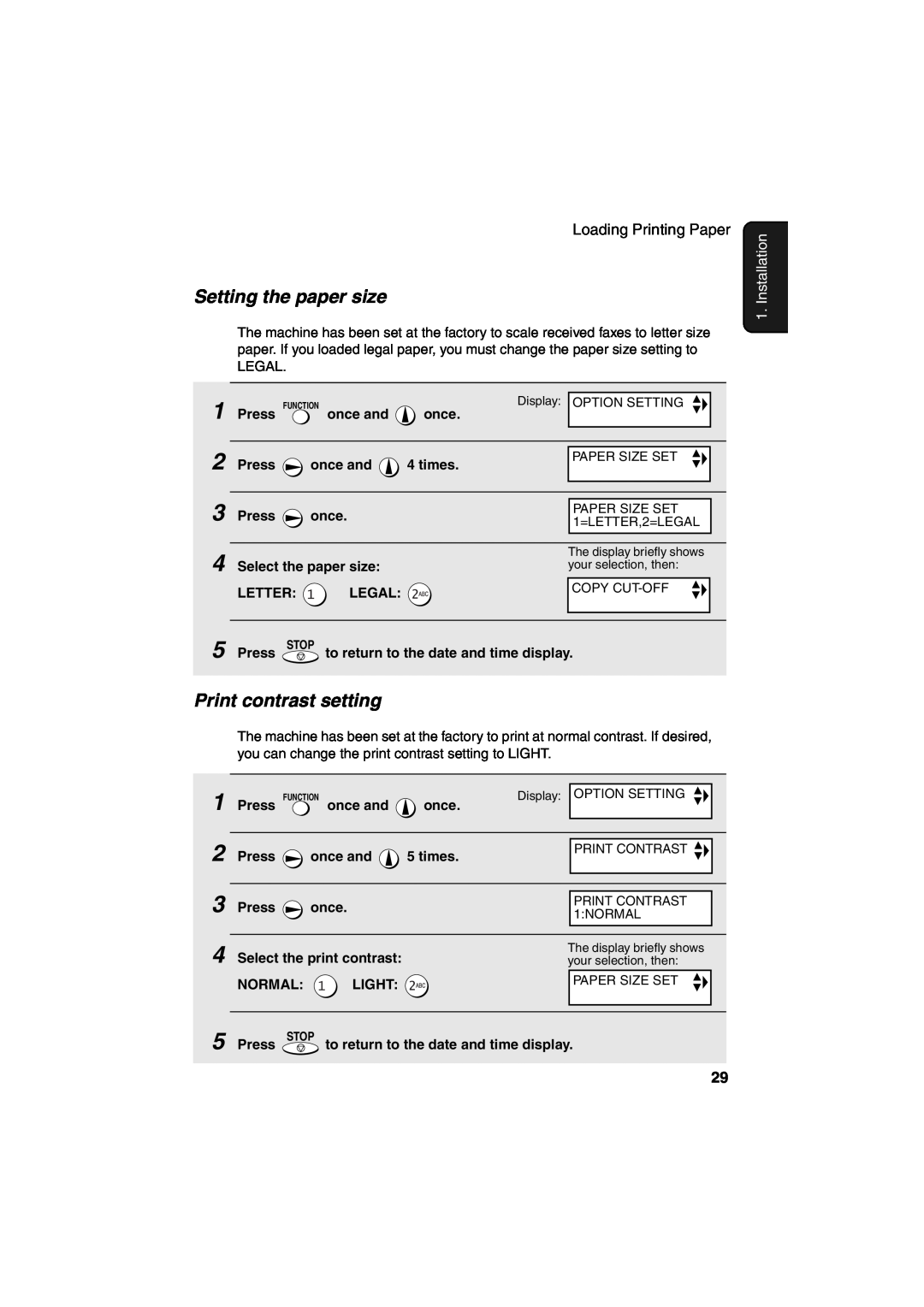 Sharp UX-CD600 operation manual Setting the paper size, Print contrast setting, Installation, Legal 