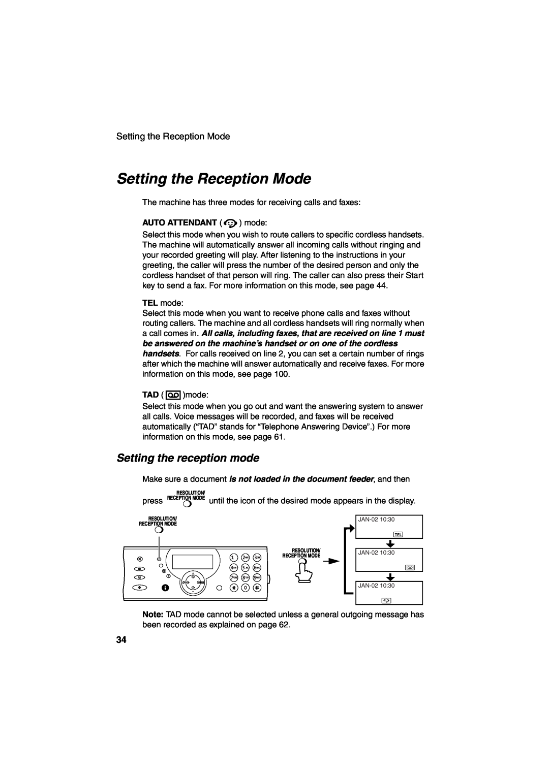Sharp UX-CD600 operation manual Setting the Reception Mode, Setting the reception mode 