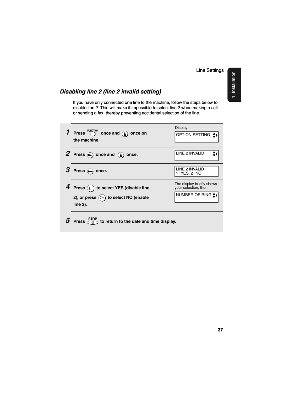 Sharp UX-CD600 operation manual Disabling line 2 line 2 invalid setting, Installation, Number Of Ring 
