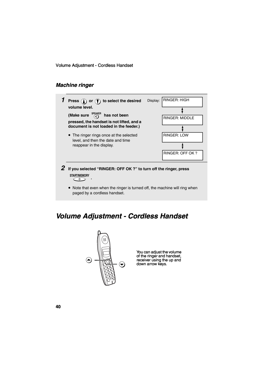 Sharp UX-CD600 operation manual Volume Adjustment - Cordless Handset, Machine ringer 