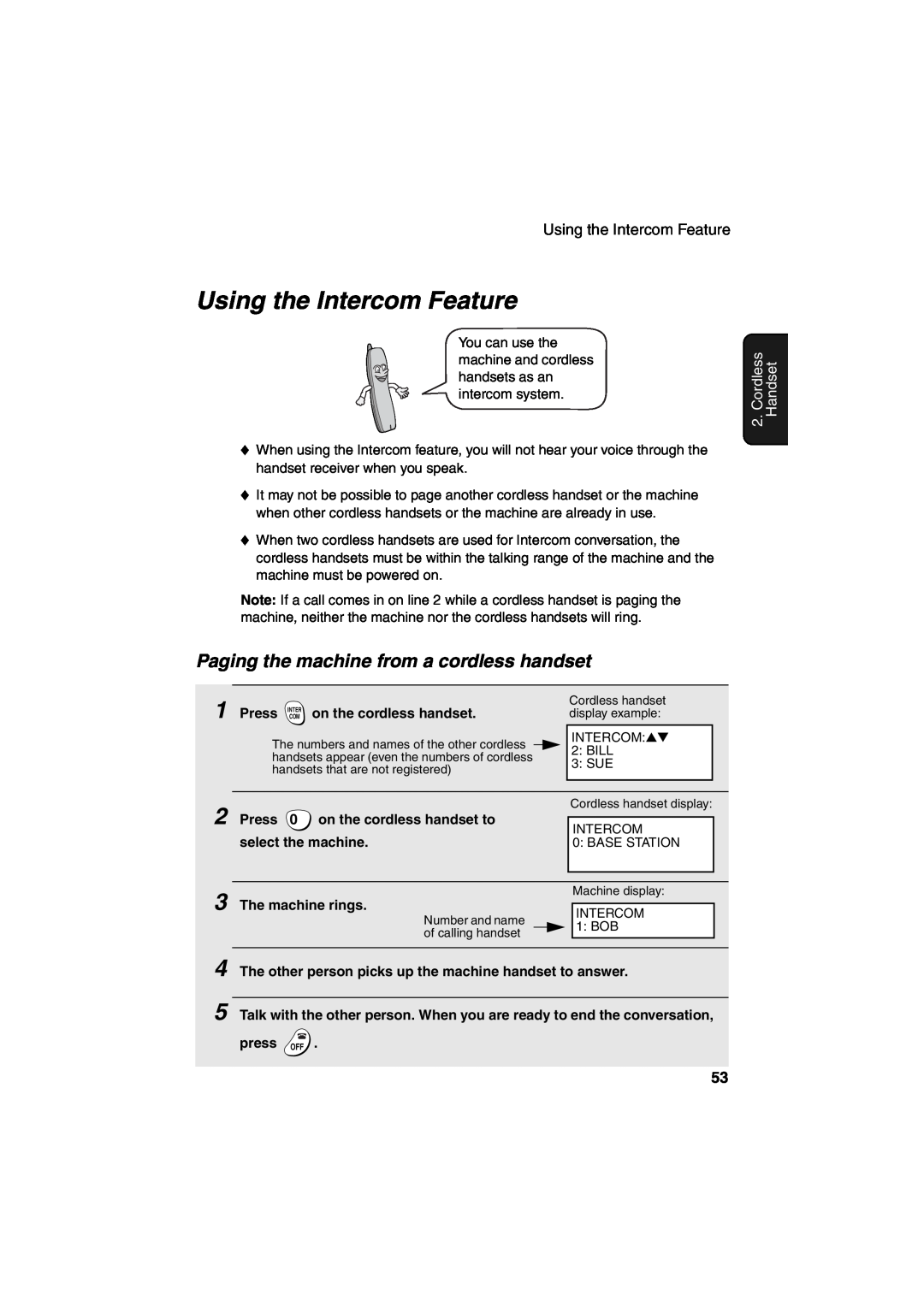 Sharp UX-CD600 operation manual Using the Intercom Feature, Paging the machine from a cordless handset, Cordless Handset 