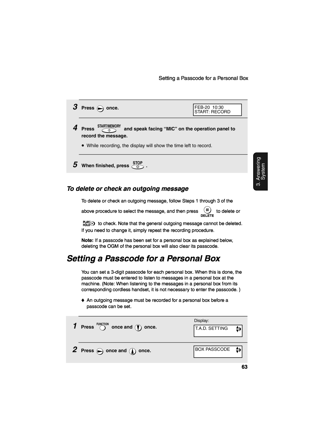Sharp UX-CD600 Setting a Passcode for a Personal Box, To delete or check an outgoing message, Answering, System 