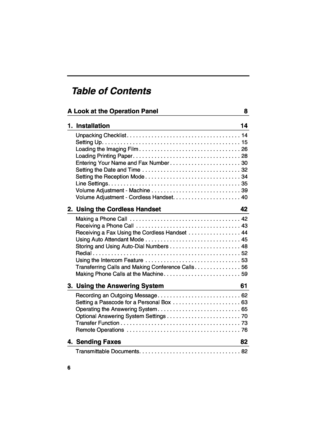 Sharp UX-CD600 Table of Contents, A Look at the Operation Panel, Installation, Using the Cordless Handset, Sending Faxes 