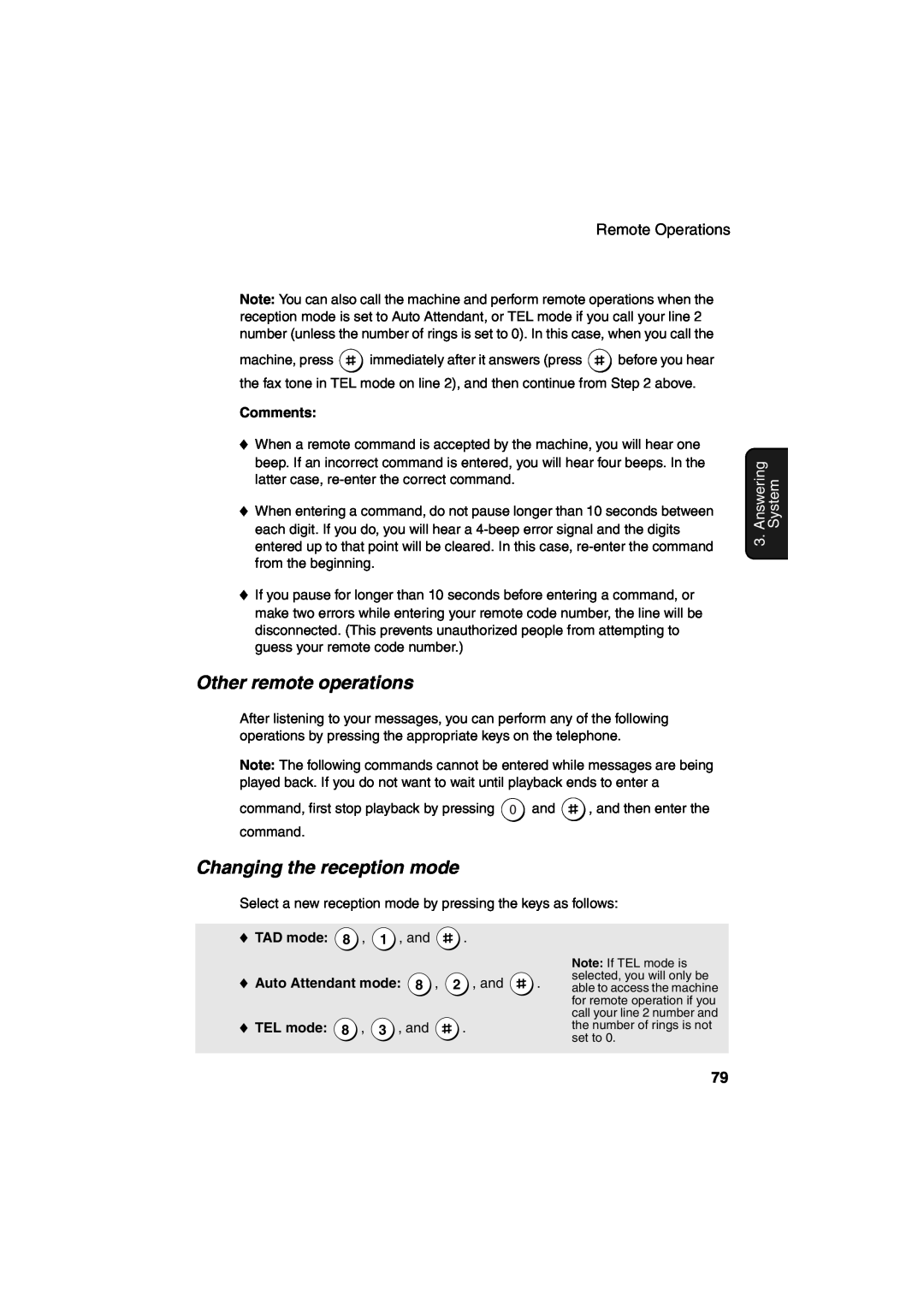 Sharp UX-CD600 Other remote operations, Changing the reception mode, Answering, System, Comments, TAD mode 8 , 1 , and 