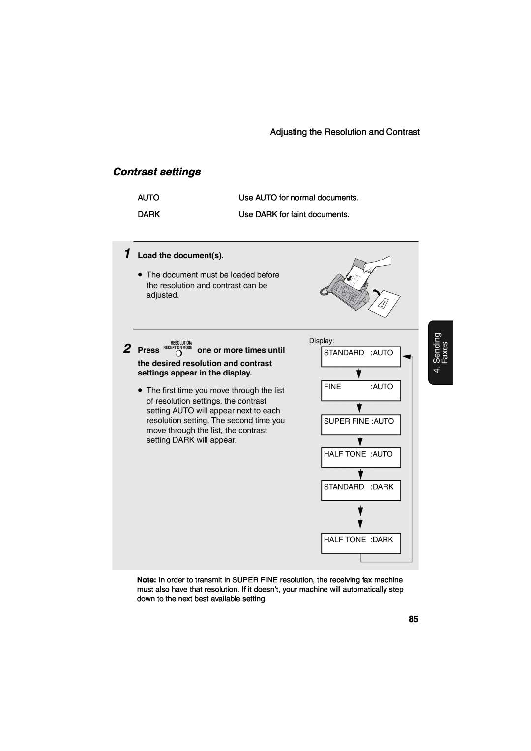 Sharp UX-CD600 operation manual Contrast settings, Sending, Faxes, Load the documents, one or more times until 