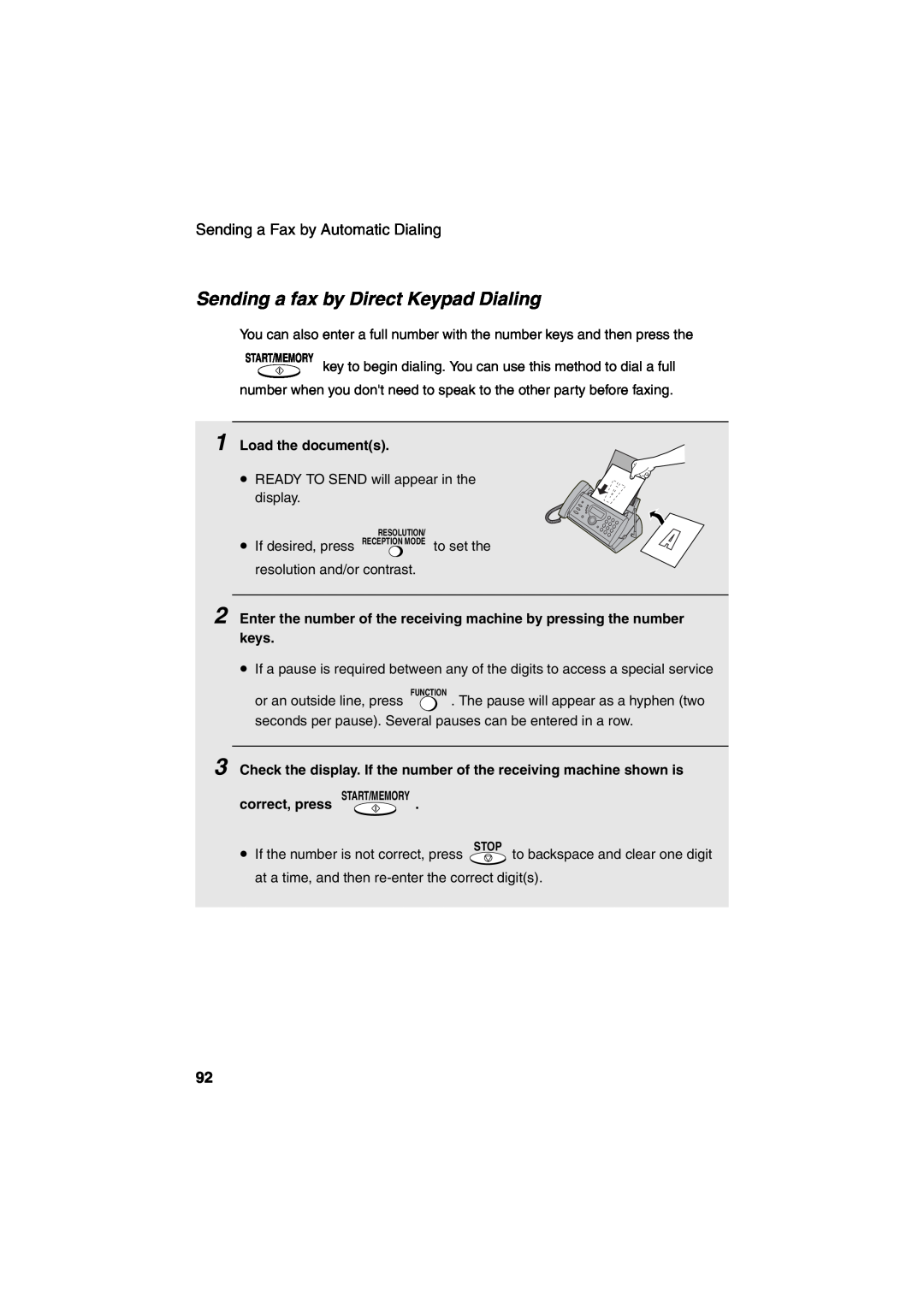 Sharp UX-CD600 operation manual Sending a fax by Direct Keypad Dialing 