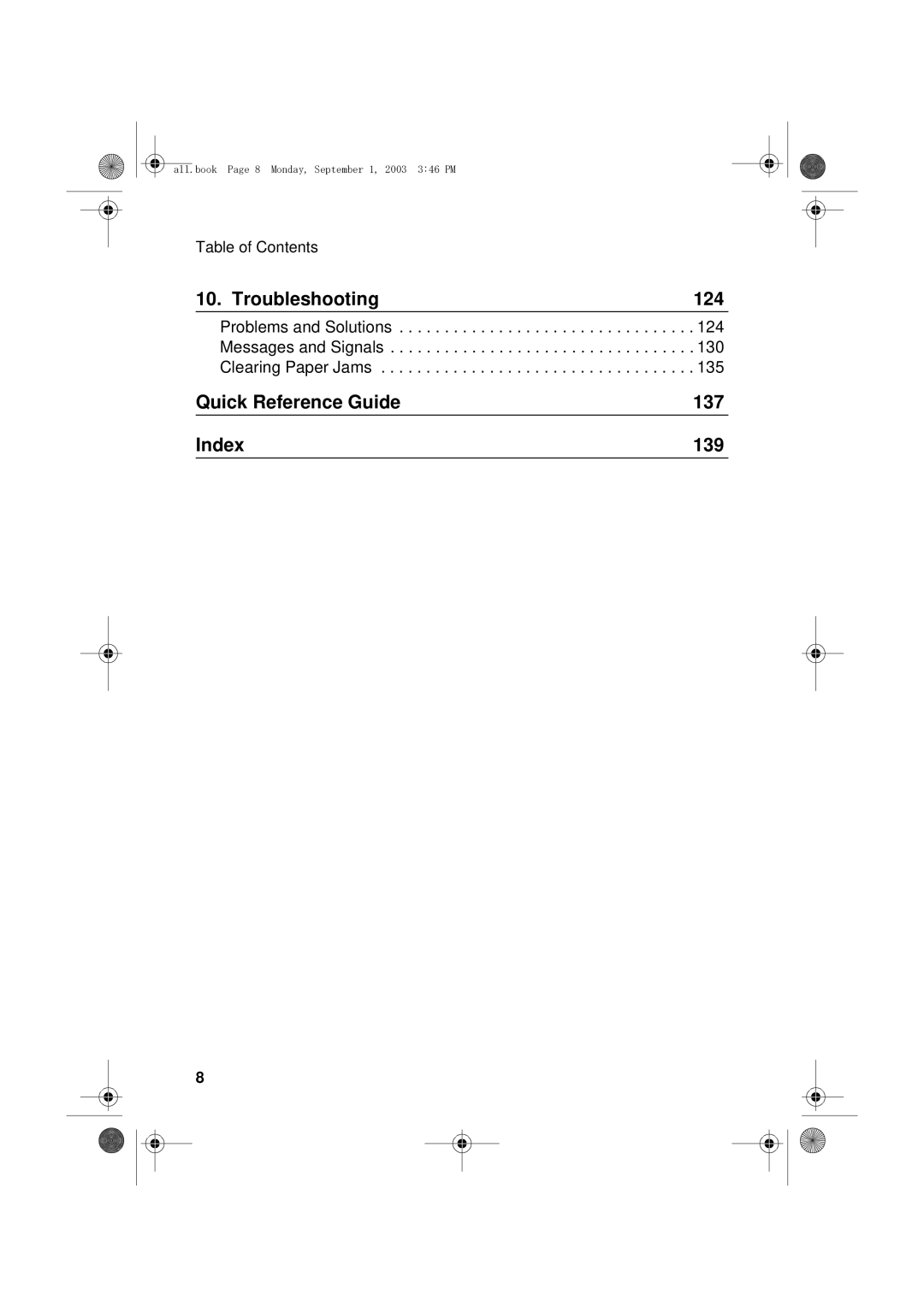 Sharp UX-D50 manual Table of Contents, Problems and Solutions, Messages and Signals, Clearing Paper Jams 