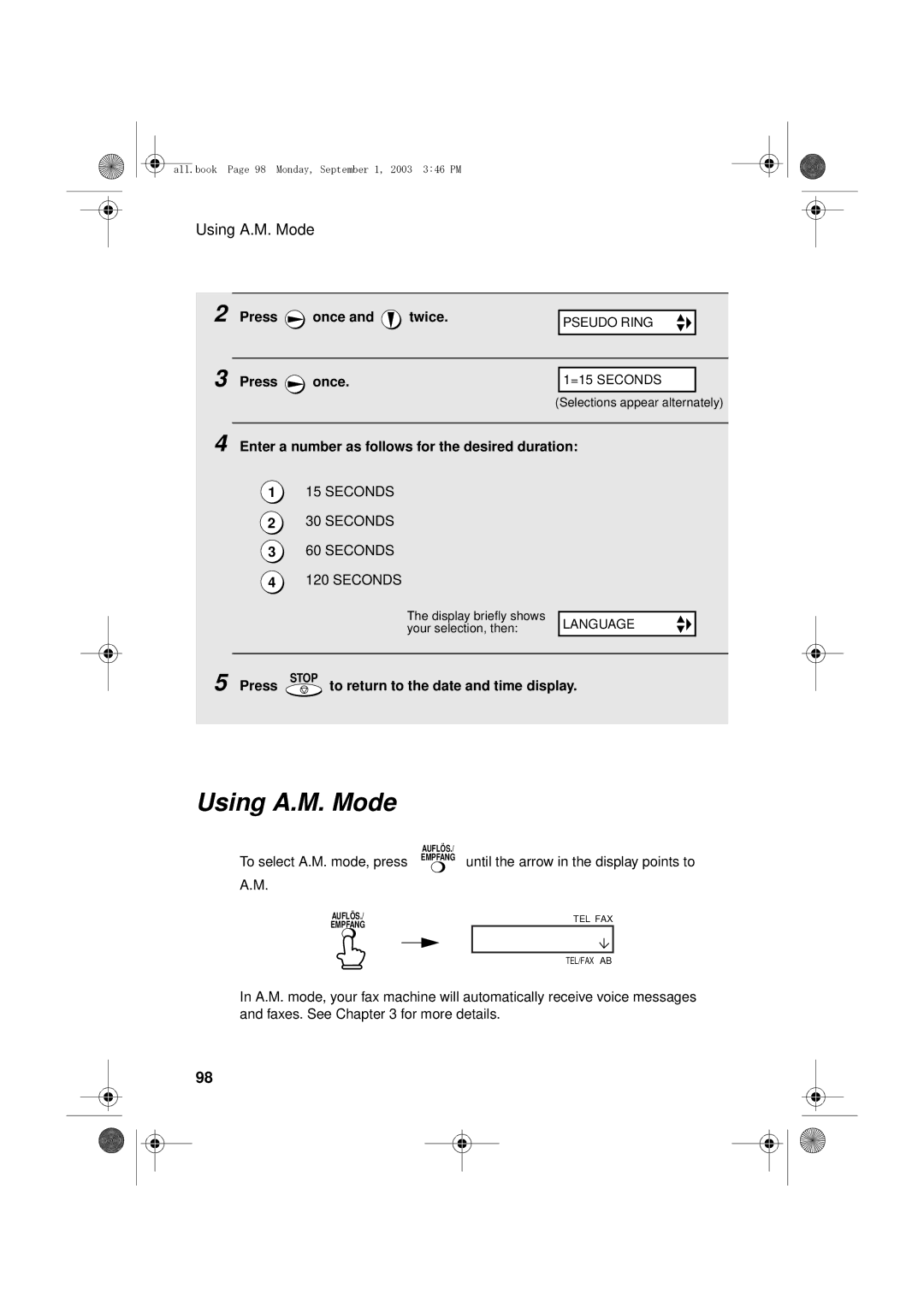 Sharp UX-D50 manual Using A.M. Mode, Enter a number as follows for the desired duration 