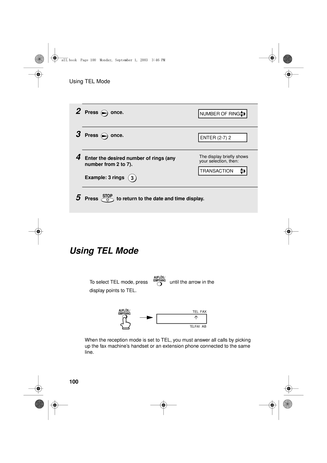 Sharp UX-D50 manual Using TEL Mode, 100, Enter the desired number of rings any, Number from 2 to 