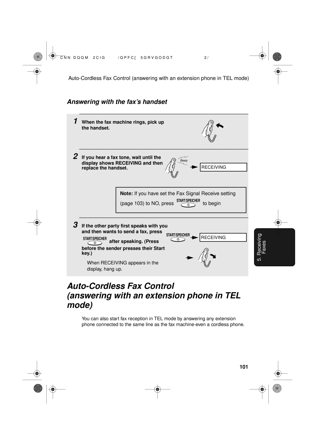 Sharp UX-D50 manual Answering with the fax’s handset, to NO, press START/SPEICHER to begin, 101, After speaking. Press 