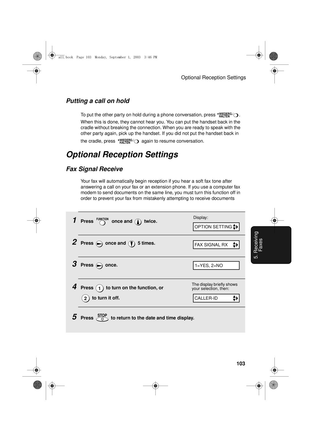 Sharp UX-D50 manual Optional Reception Settings, Fax Signal Receive, 103, Press To turn on the function, or 