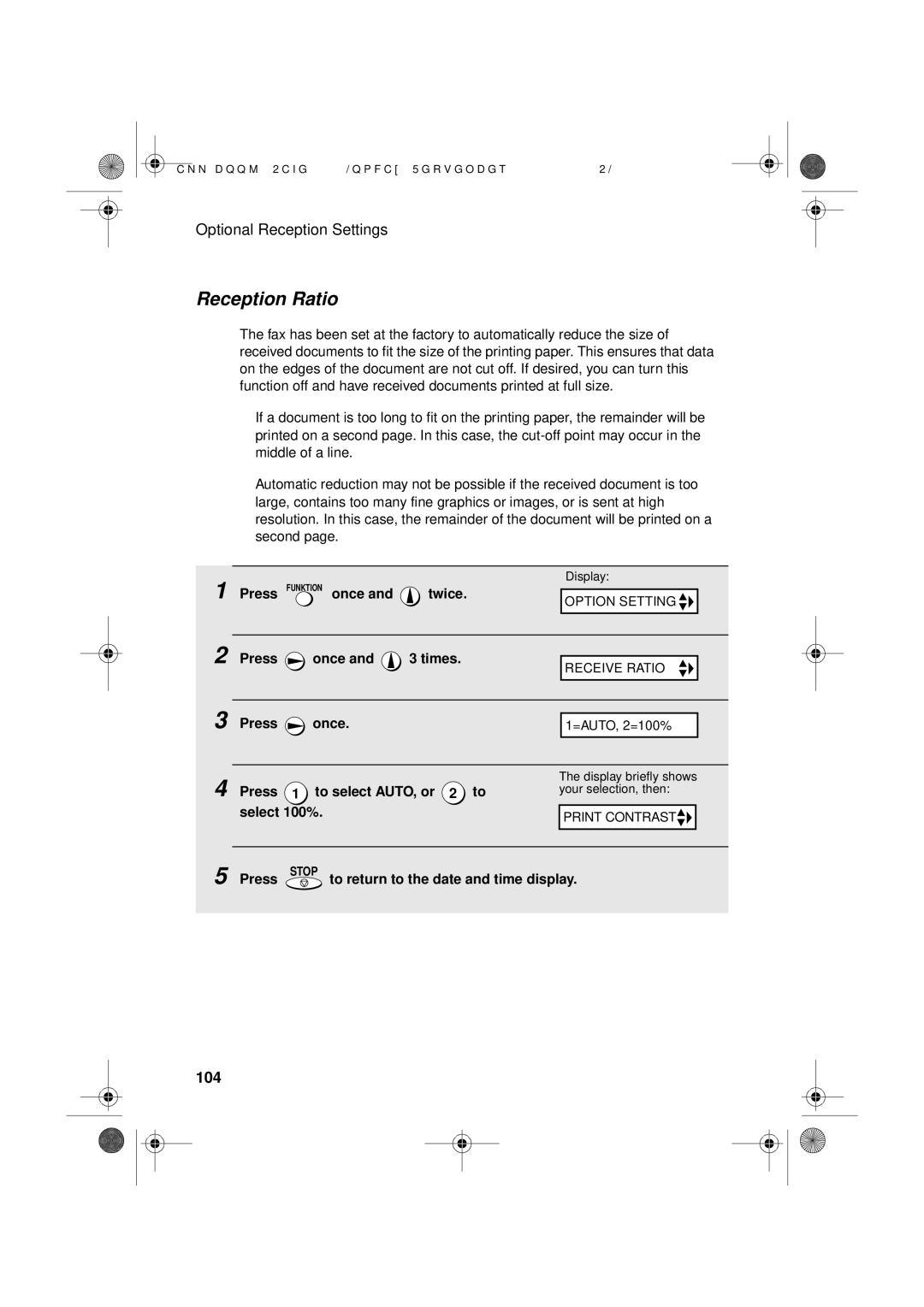 Sharp UX-D50 manual Reception Ratio, 104, Press 1 to select AUTO, or 2 to select 100% 