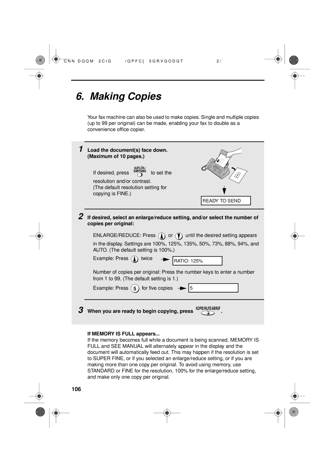 Sharp UX-D50 manual Making Copies, 106, Load the documents face down. Maximum of 10 pages, If desired, press Empfang to set 