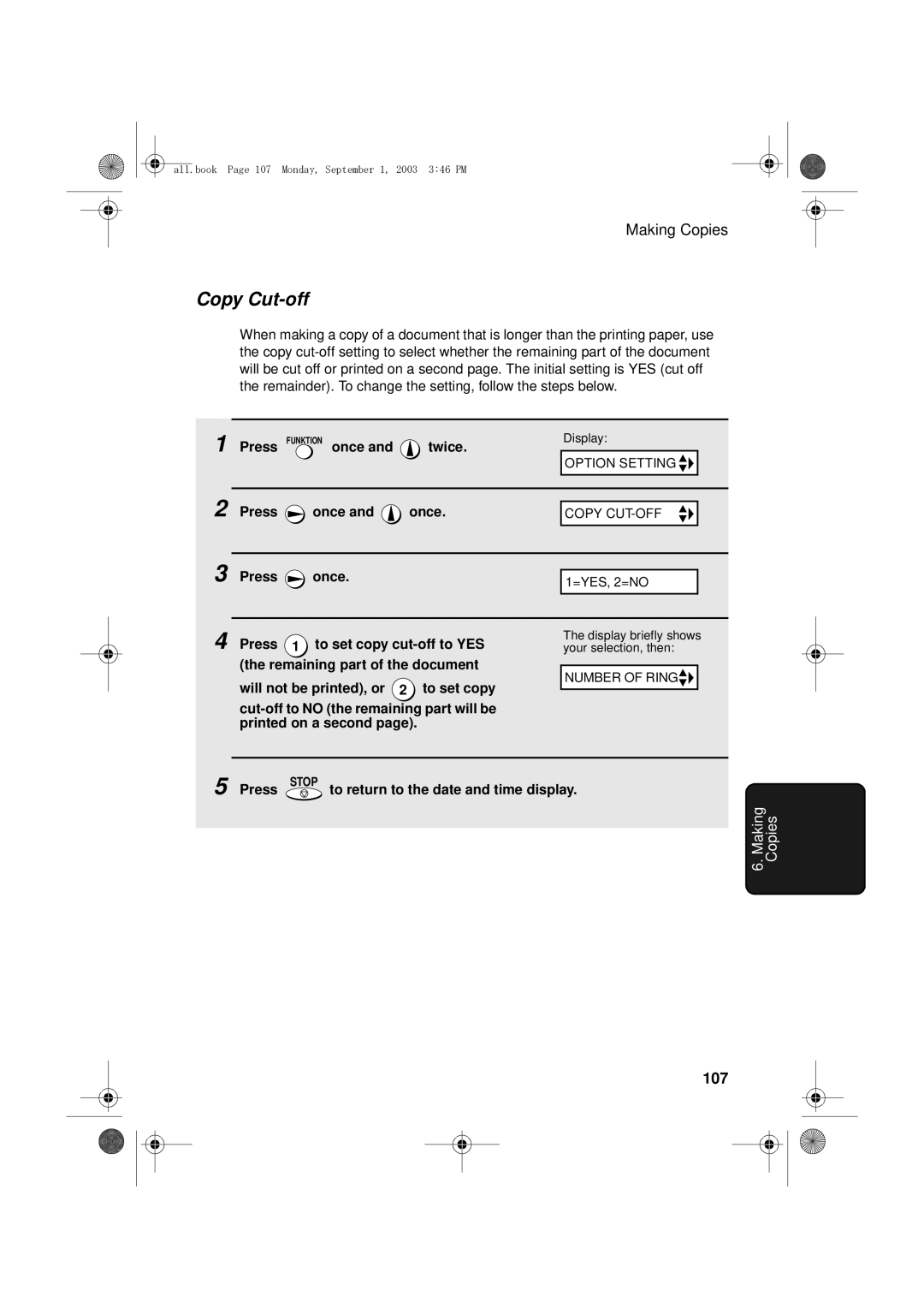 Sharp UX-D50 manual Copy Cut-off, Making Copies, 107 