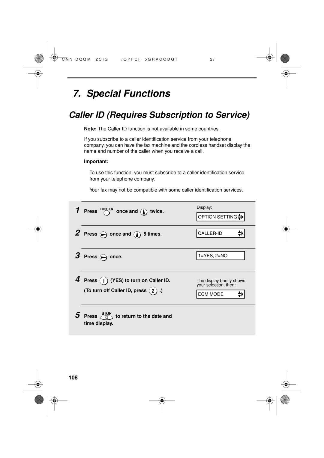 Sharp UX-D50 manual Special Functions, Caller ID Requires Subscription to Service, 108 