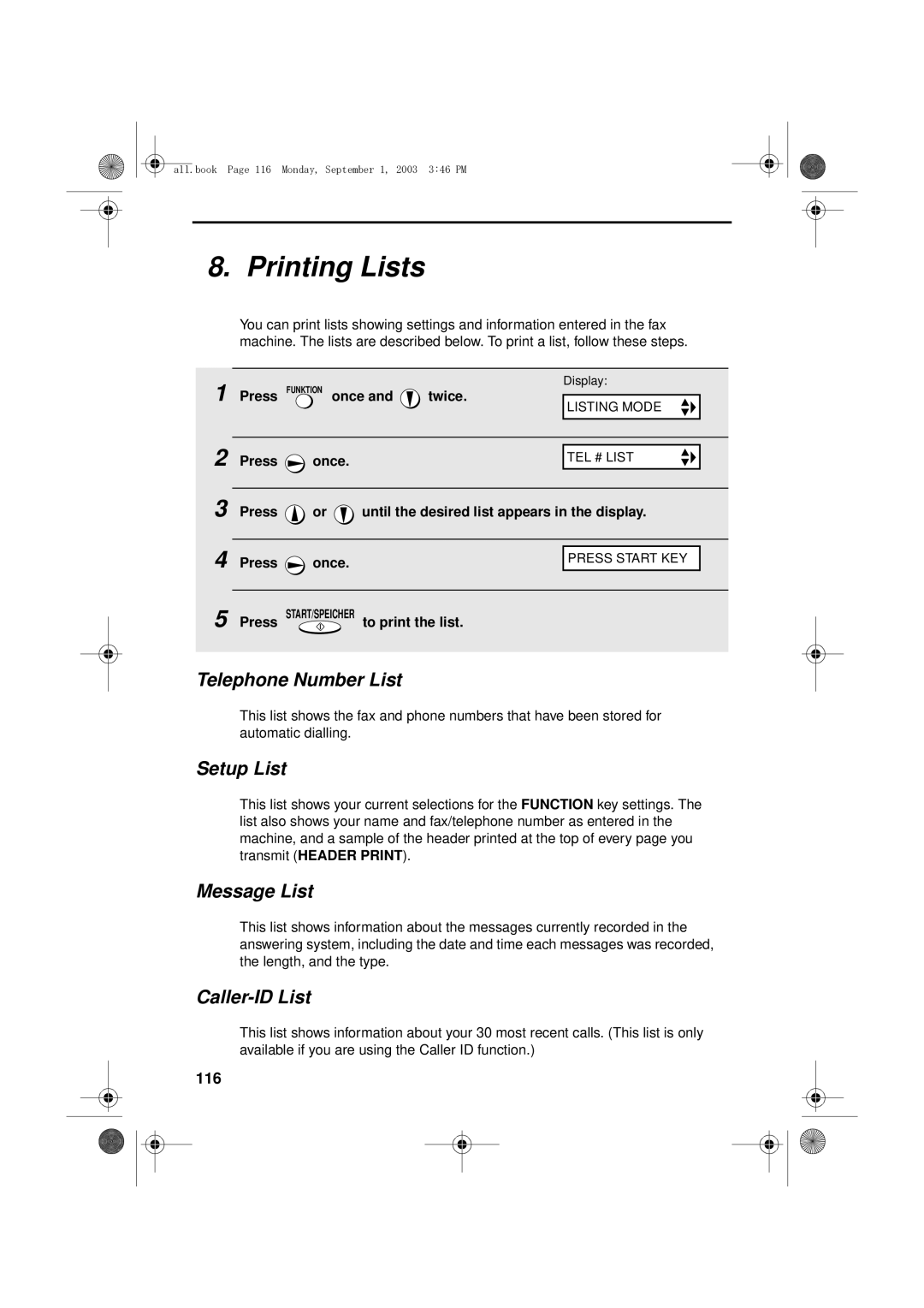 Sharp UX-D50 manual Printing Lists, Telephone Number List, Setup List, Message List, Caller-ID List 