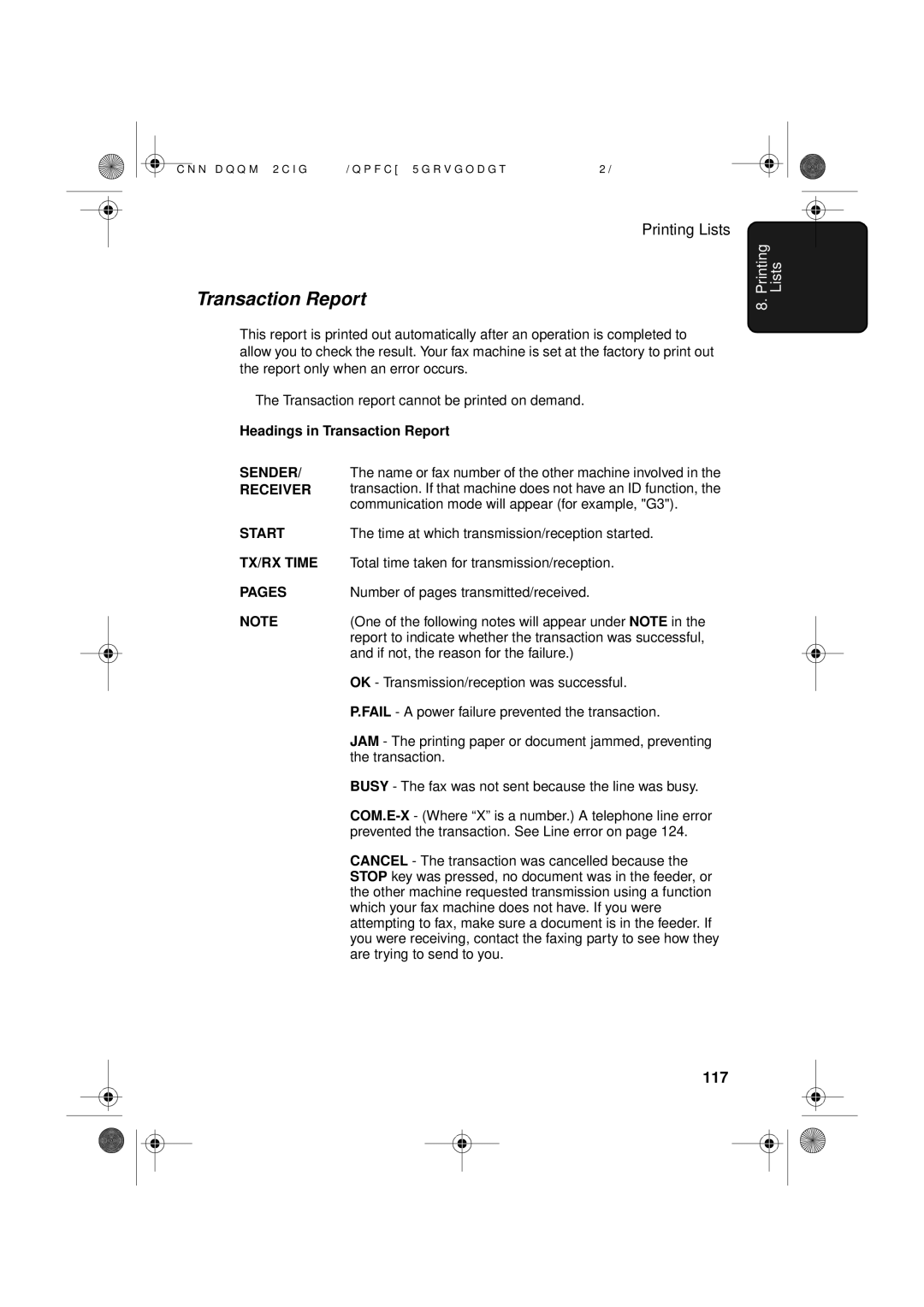 Sharp UX-D50 manual Printing Lists, 117, Headings in Transaction Report 