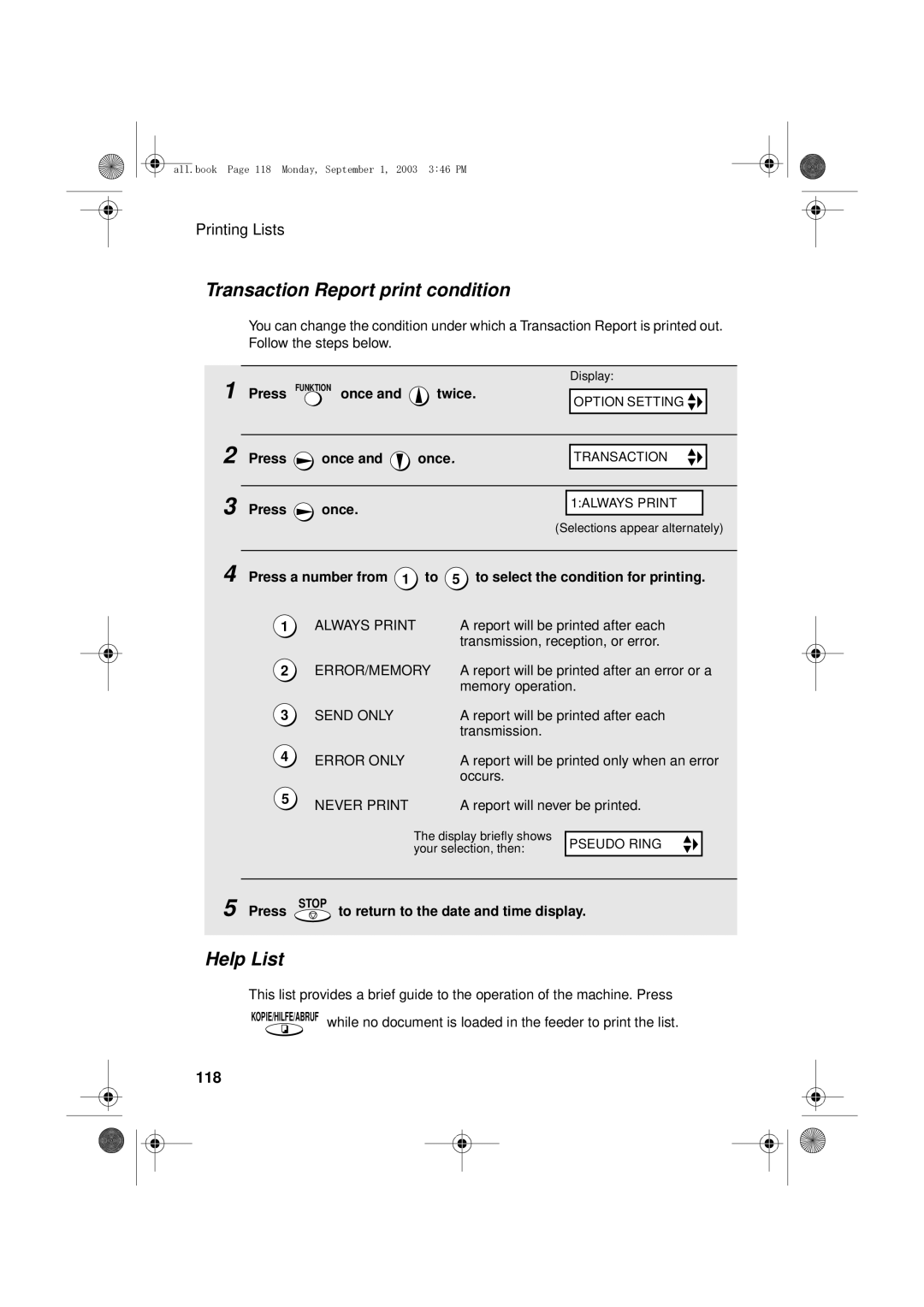 Sharp UX-D50 manual Transaction Report print condition, Help List, 118 