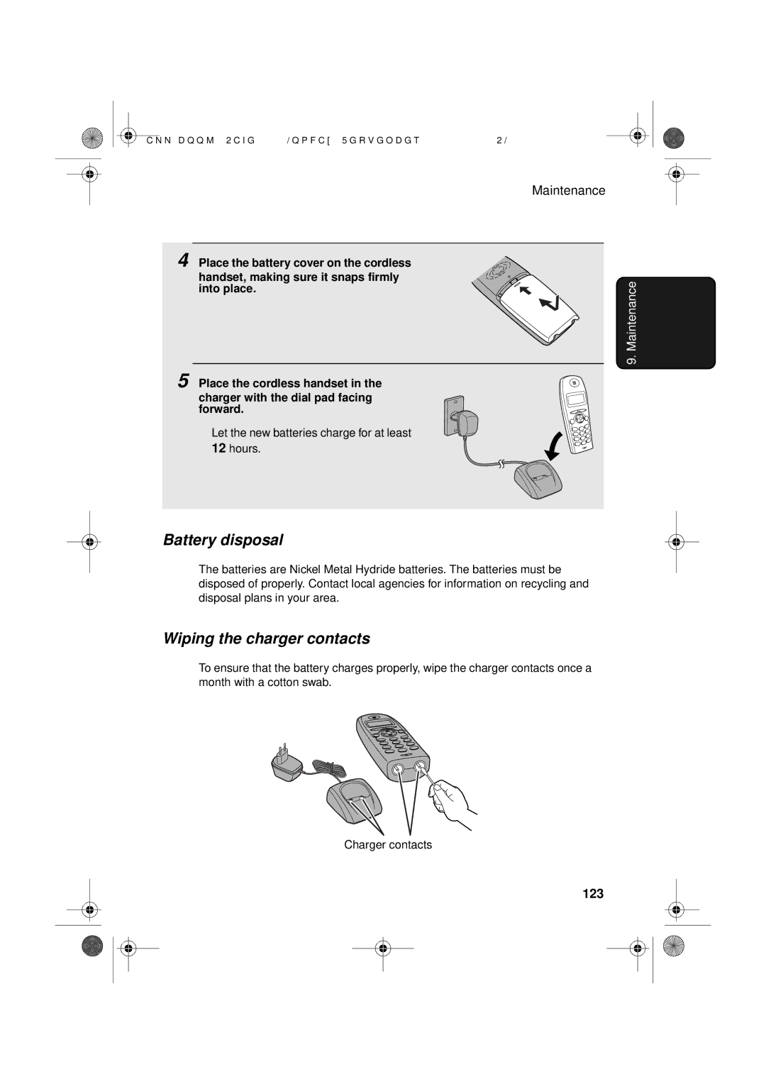 Sharp UX-D50 manual Battery disposal, Wiping the charger contacts, 123 