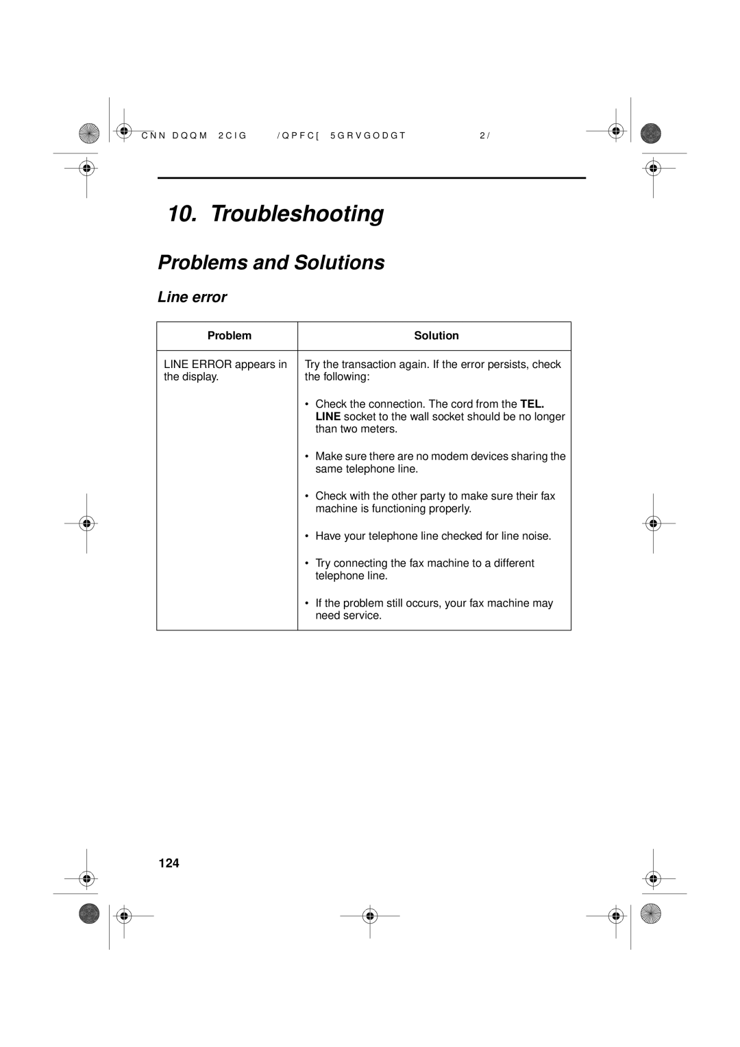 Sharp UX-D50 manual Troubleshooting, Problems and Solutions, Line error, 124, Problem Solution 