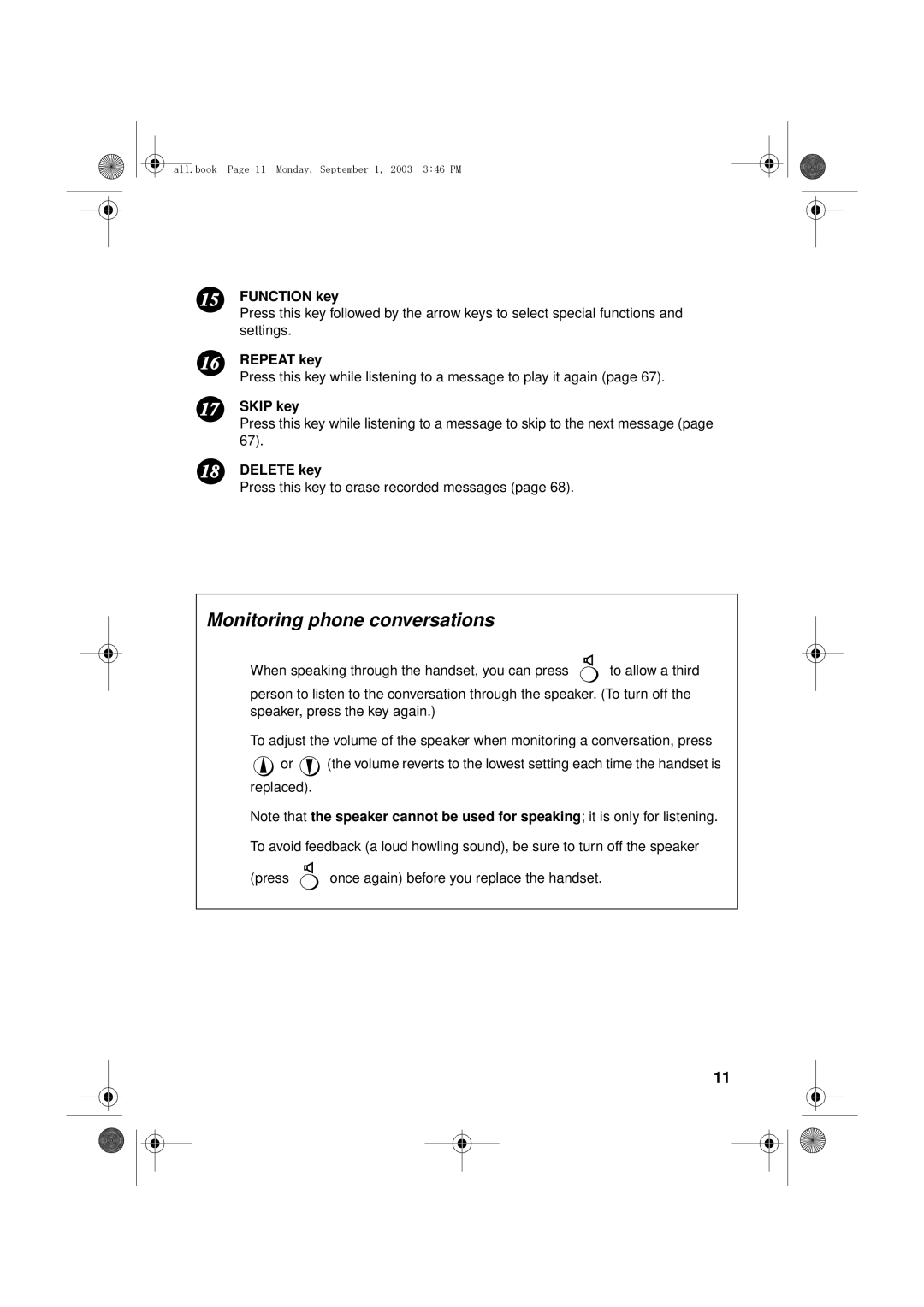 Sharp UX-D50 manual Monitoring phone conversations, Function key, Repeat key, Skip key, Delete key 