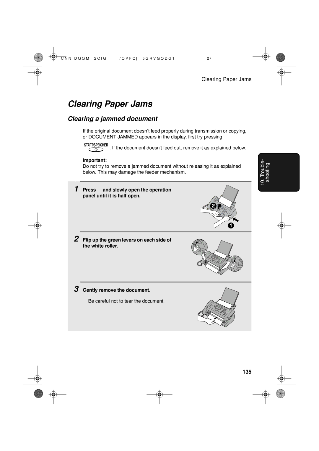 Sharp UX-D50 manual Clearing Paper Jams, Clearing a jammed document, 135 