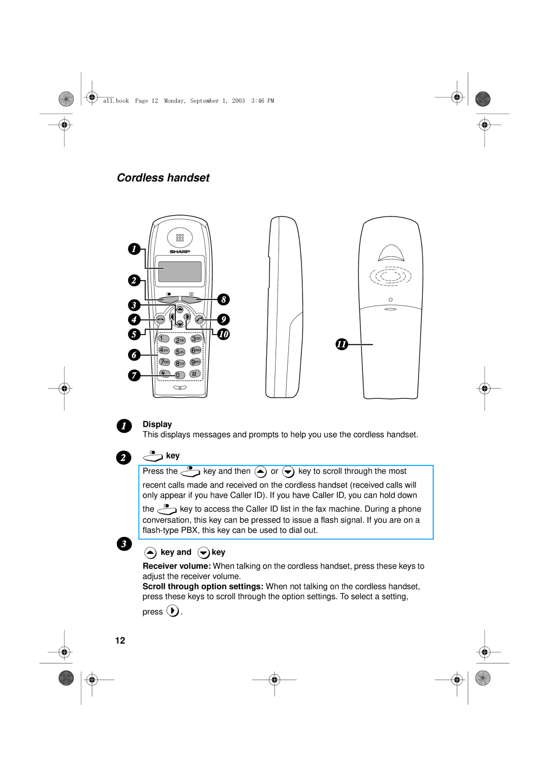 Sharp UX-D50 manual Cordless handset, Key and key 