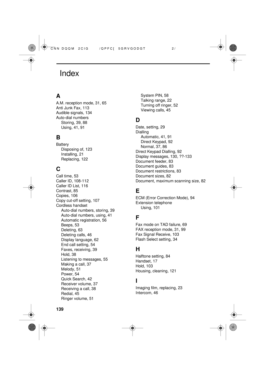 Sharp UX-D50 manual Index, 139 