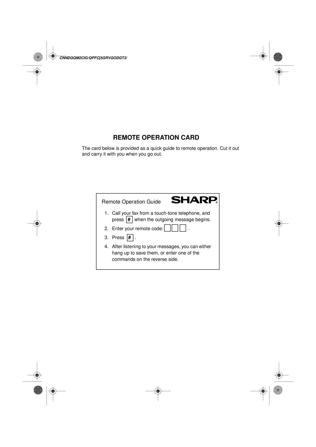 Sharp UX-D50 manual Remote Operation Card 